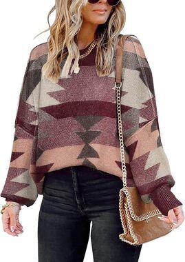 [Saukole] Red Pink Geometric Colorblock Oversized Crew Neck Sweater Size Small S
